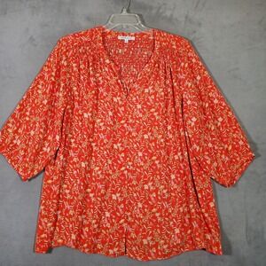 Rose+Olive Top Womens 2X Orange Floral Smocked 3/4 Puff Sleeve Boho Cottagecore